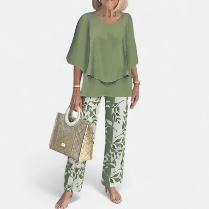 Women's Floral Wide-Leg Two-Piece Set Layered Top Pants Outfit - 01