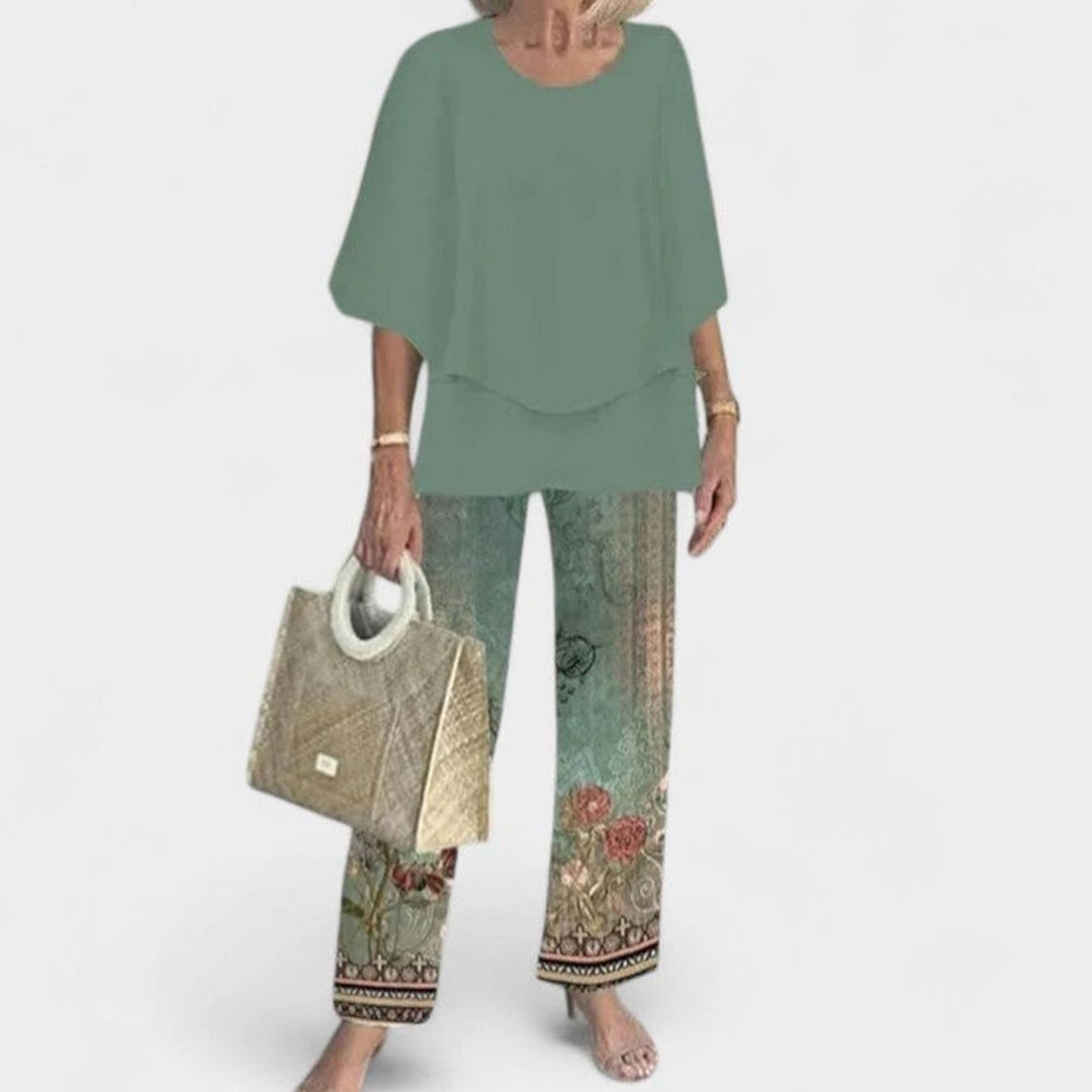Women's Floral Wide-Leg Two-Piece Set Layered Top Pants Outfit - 05