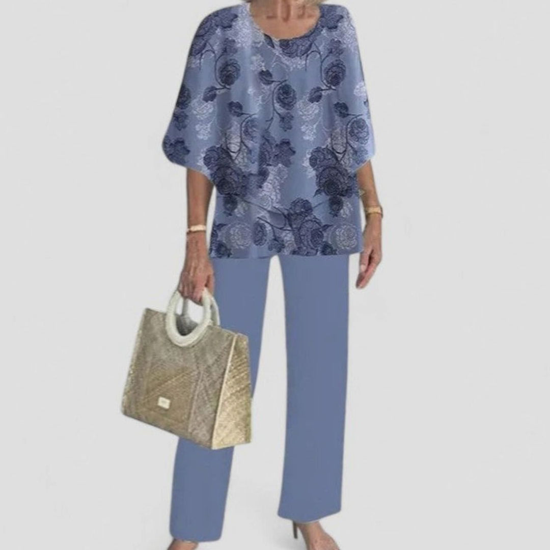 Women's Floral Wide-Leg Two-Piece Set Layered Top Pants Outfit - 11