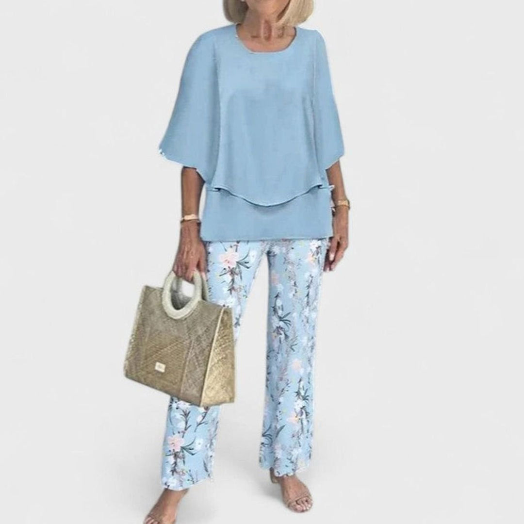 Women's Floral Wide-Leg Two-Piece Set Layered Top Pants Outfit - 06