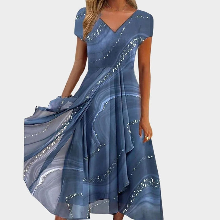 Women's Flowing V-Neck Marble-Print Midi Dress - Blue