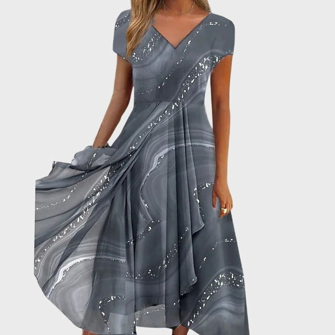 Women's Flowing V-Neck Marble-Print Midi Dress - Gray
