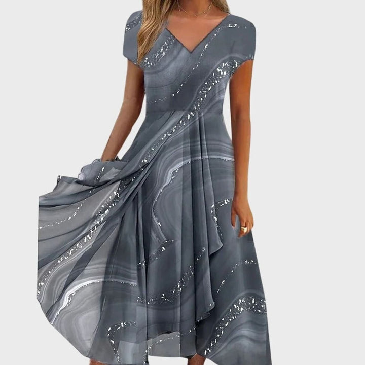 Women's Flowing V-Neck Marble-Print Midi Dress - Gray