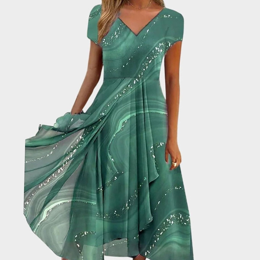 Women's Flowing V-Neck Marble-Print Midi Dress - Green
