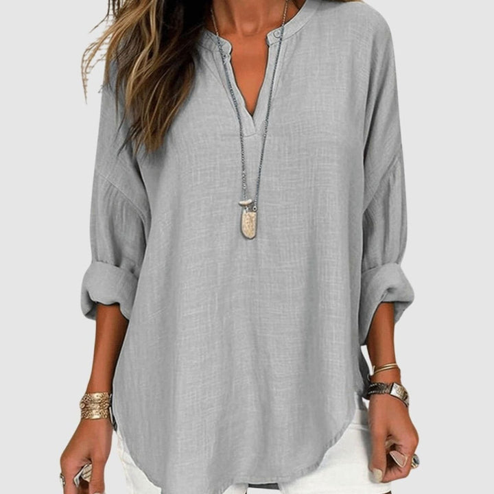Women's Flowy V-Neck Long-Sleeve Relaxed-Fit Beach Shirt - Gray
