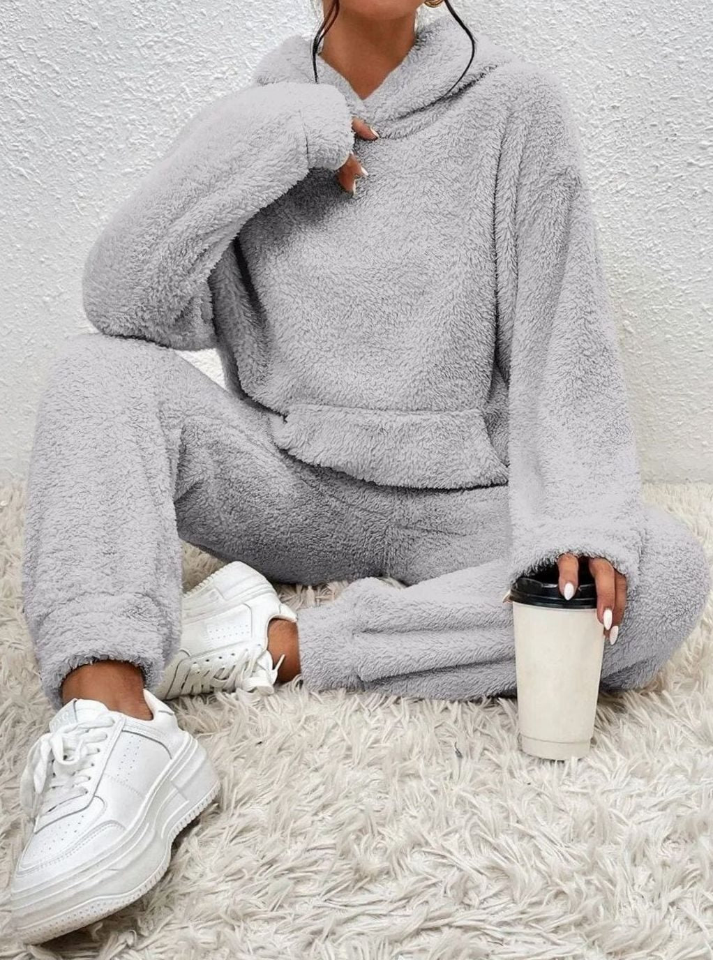Women's Fluffy Fleece Hoodie Lounge Two-Piece Set