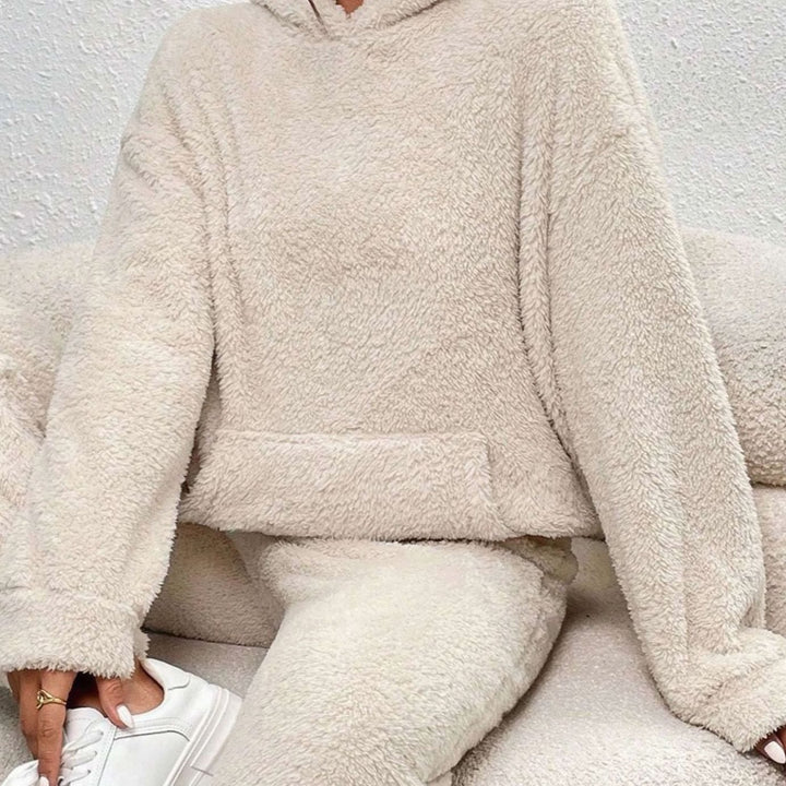 Women's Fluffy Fleece Hoodie Lounge Two-Piece Set - Beige