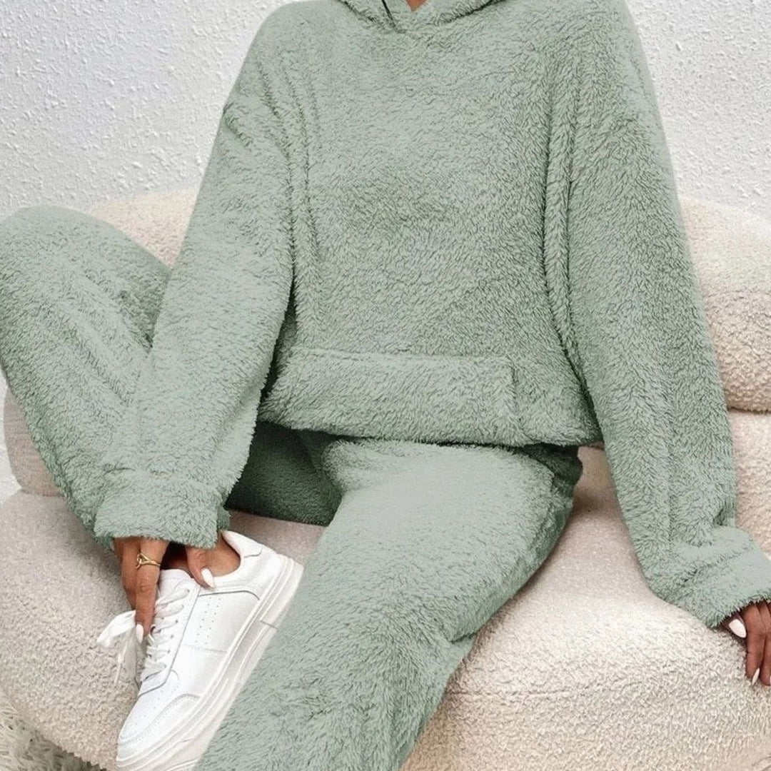 Women's Fluffy Fleece Hoodie Lounge Two-Piece Set - Green