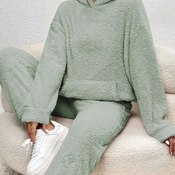 Women's Fluffy Fleece Hoodie Lounge Two-Piece Set - Green