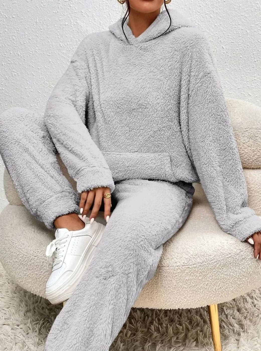 Women's Fluffy Fleece Hoodie Lounge Two-Piece Set - Grey