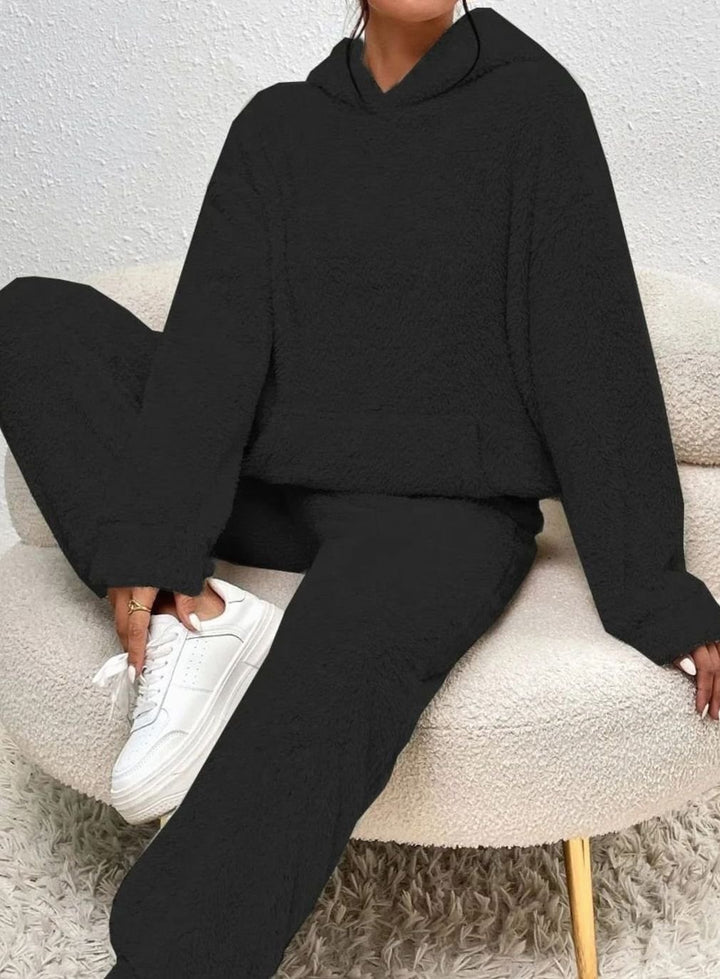 Women's Fluffy Fleece Hoodie Lounge Two-Piece Set - Black