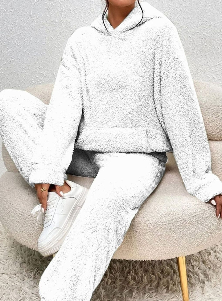 Women's Fluffy Fleece Hoodie Lounge Two-Piece Set - White