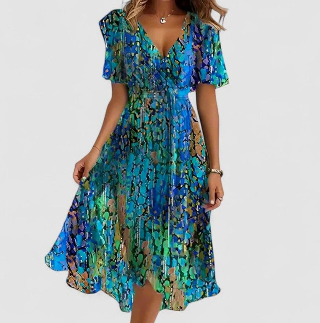 Women's Flutter-Sleeve V-Neck High-Low Floral Short Dress - Blue/Green