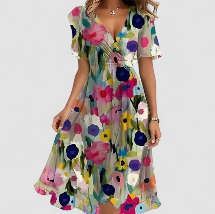 Women's Flutter-Sleeve V-Neck High-Low Floral Short Dress - Beige Color Floral