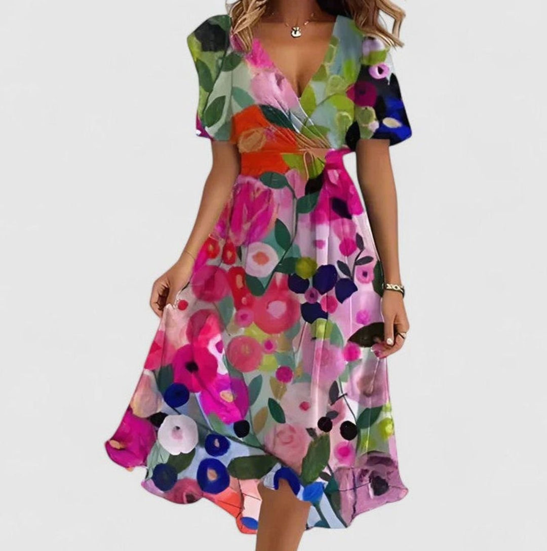 Women's Flutter-Sleeve V-Neck High-Low Floral Short Dress - Multi Color Floral