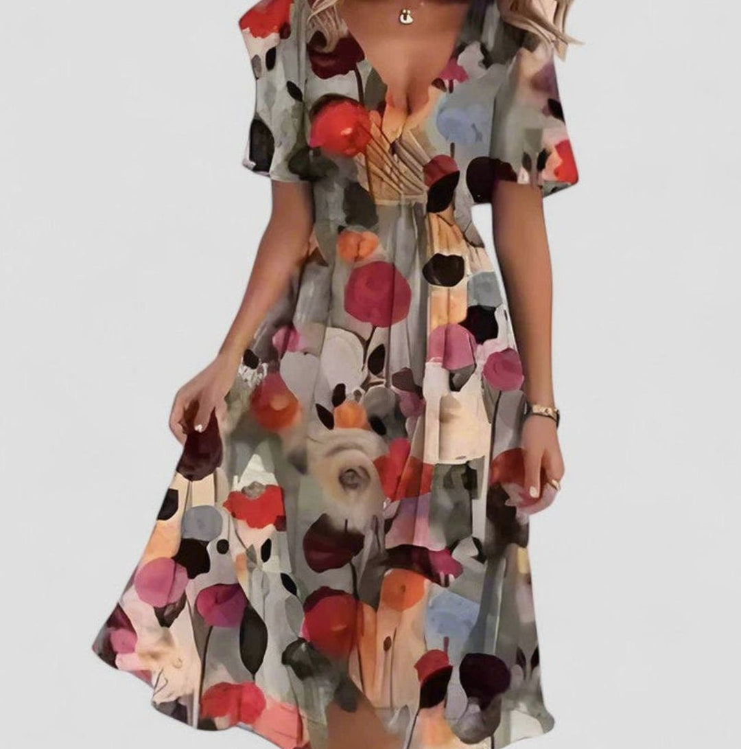 Women's Flutter-Sleeve V-Neck High-Low Floral Short Dress - Brown Floral