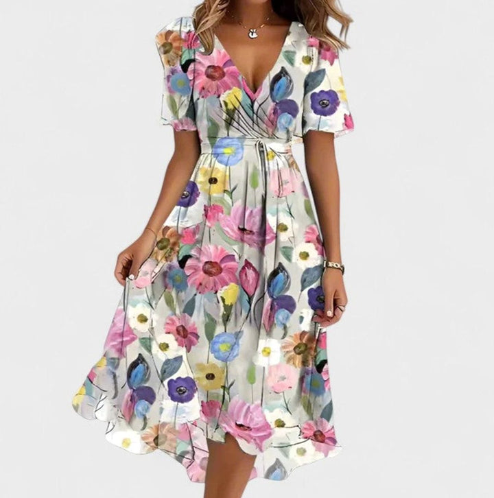Women's Flutter-Sleeve V-Neck High-Low Floral Short Dress - White Floral