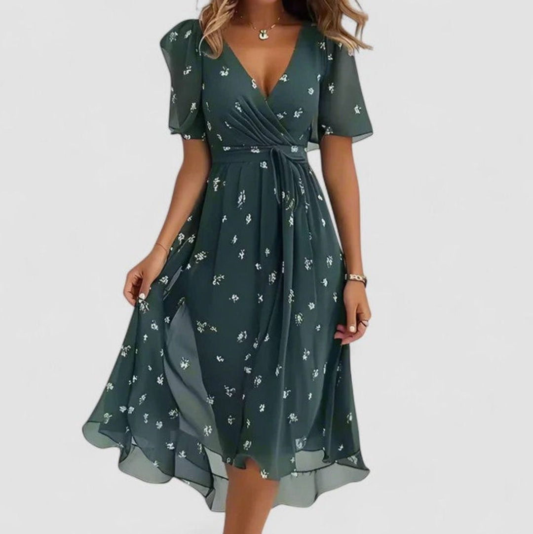 Women's Flutter-Sleeve V-Neck High-Low Floral Short Dress - Green