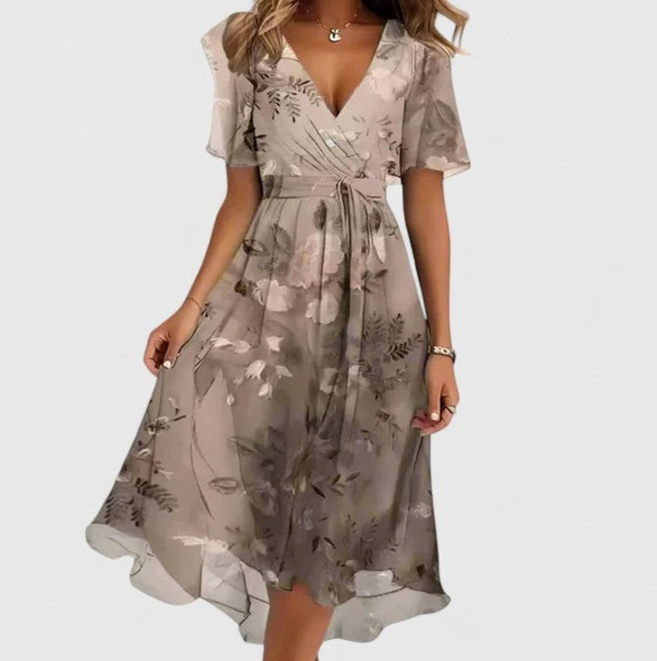 Women's Flutter-Sleeve V-Neck High-Low Floral Short Dress - Light Brown