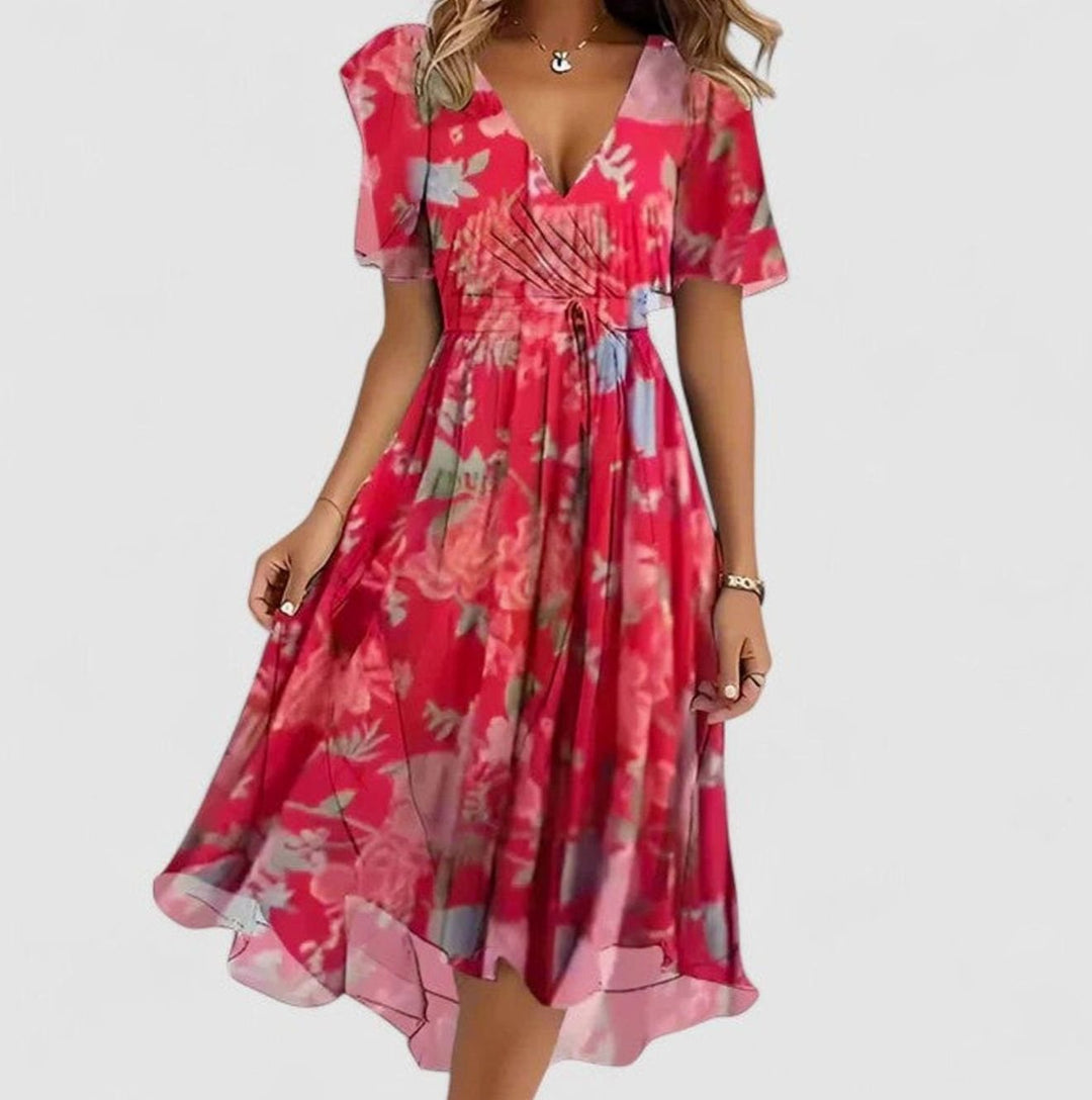 Women's Flutter-Sleeve V-Neck High-Low Floral Short Dress - Red