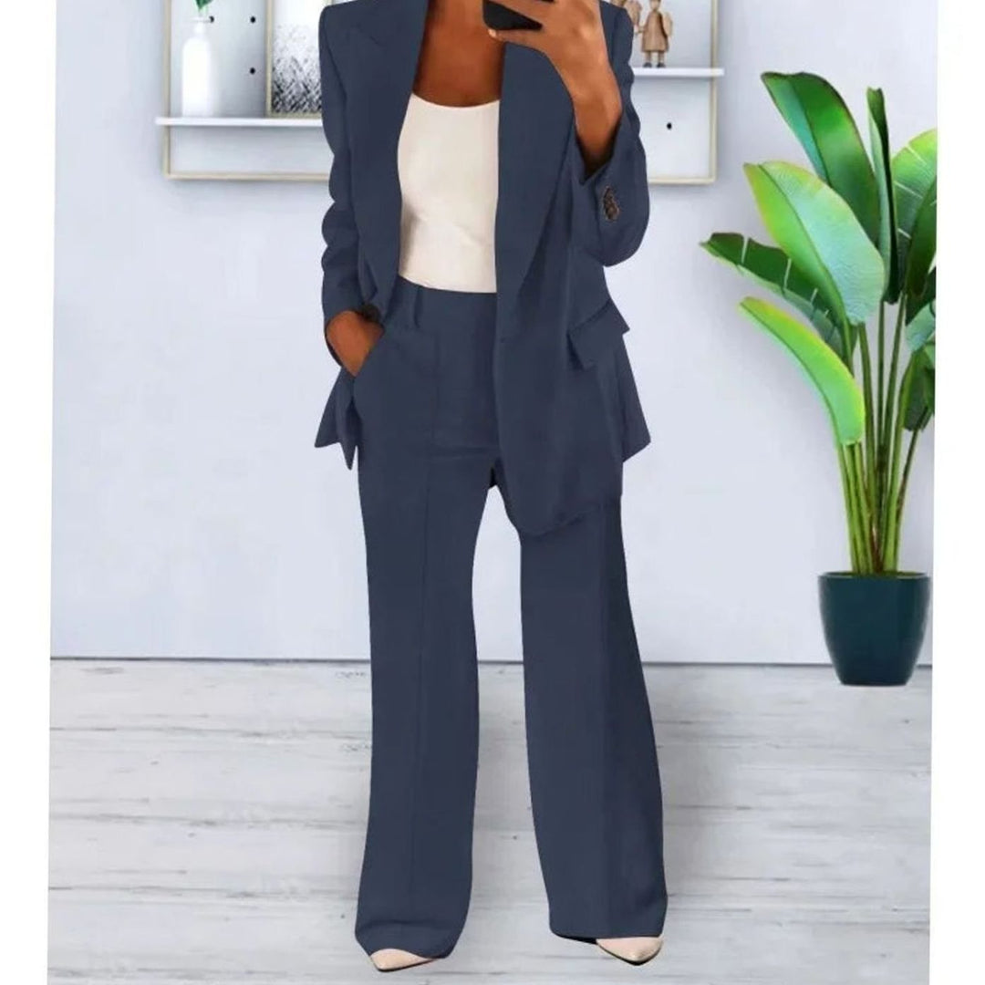 Women's Formal Blazer Straight-Leg Pants Suit Set - Dark Blue