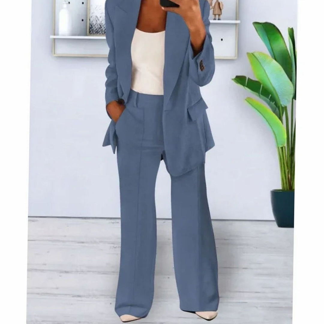 Women's Formal Blazer Straight-Leg Pants Suit Set - Denim Blue