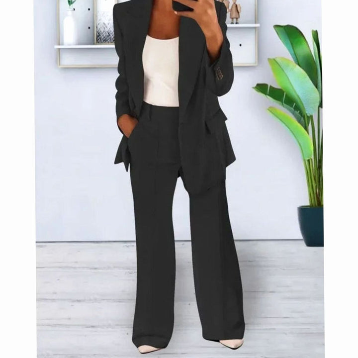 Women's Formal Blazer Straight-Leg Pants Suit Set - Black