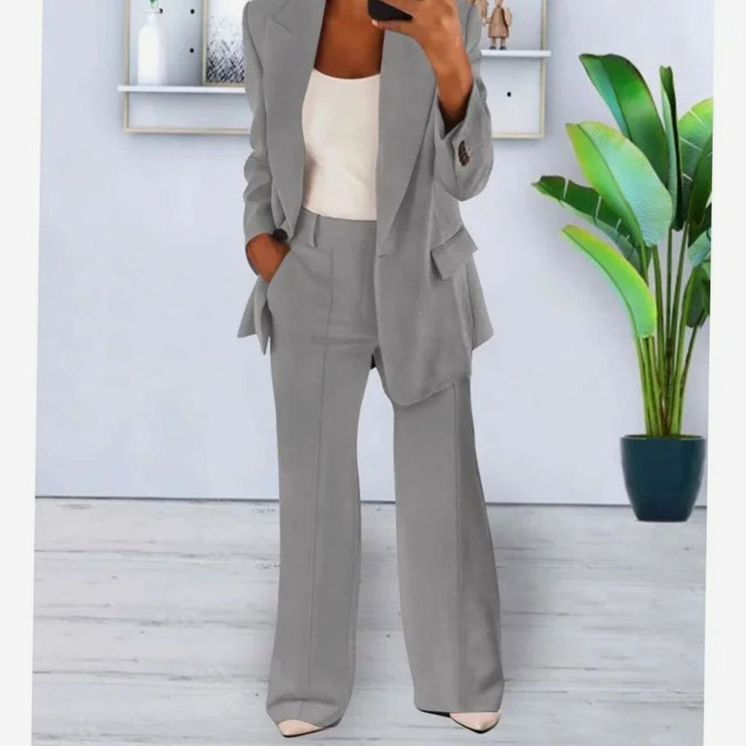 Women's Formal Blazer Straight-Leg Pants Suit Set - Gray