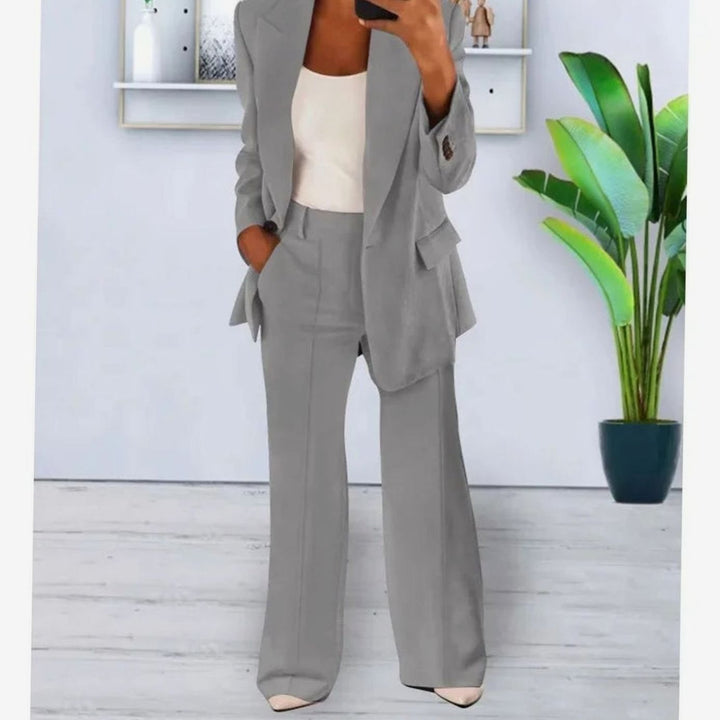 Women's Formal Blazer Straight-Leg Pants Suit Set - Gray