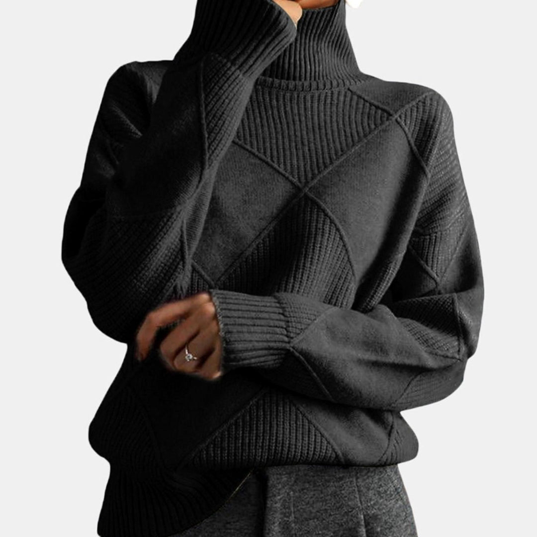 Women's Geometric Knit Turtleneck Sweater Relaxed Pullover - Black