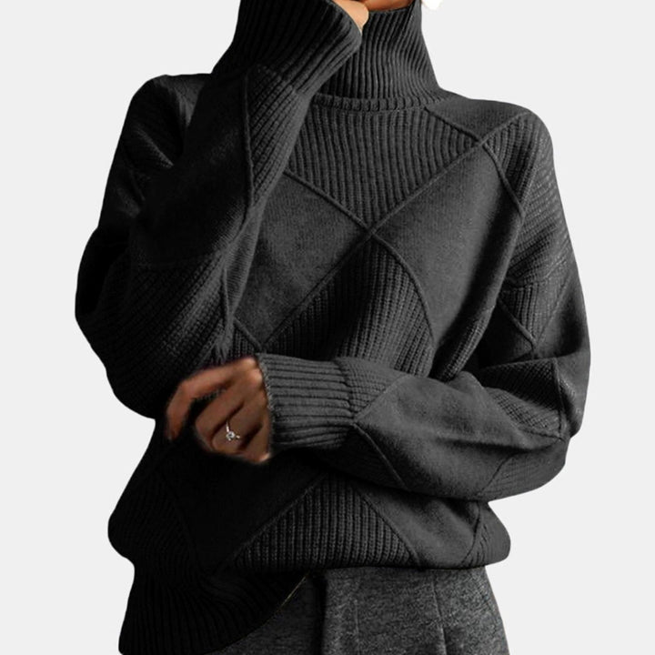Women's Geometric Knit Turtleneck Sweater Relaxed Pullover - Black