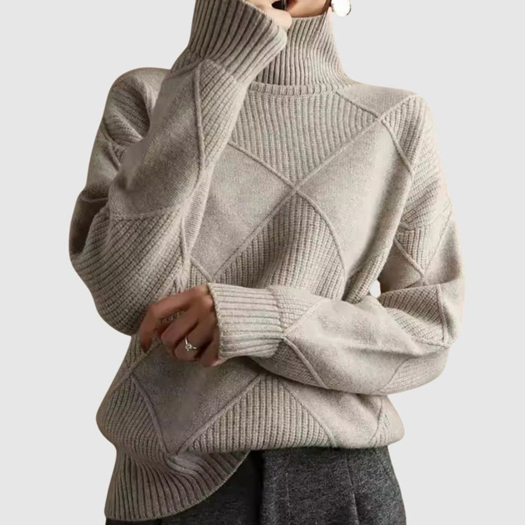 Women's Geometric Knit Turtleneck Sweater Relaxed Pullover - Gray