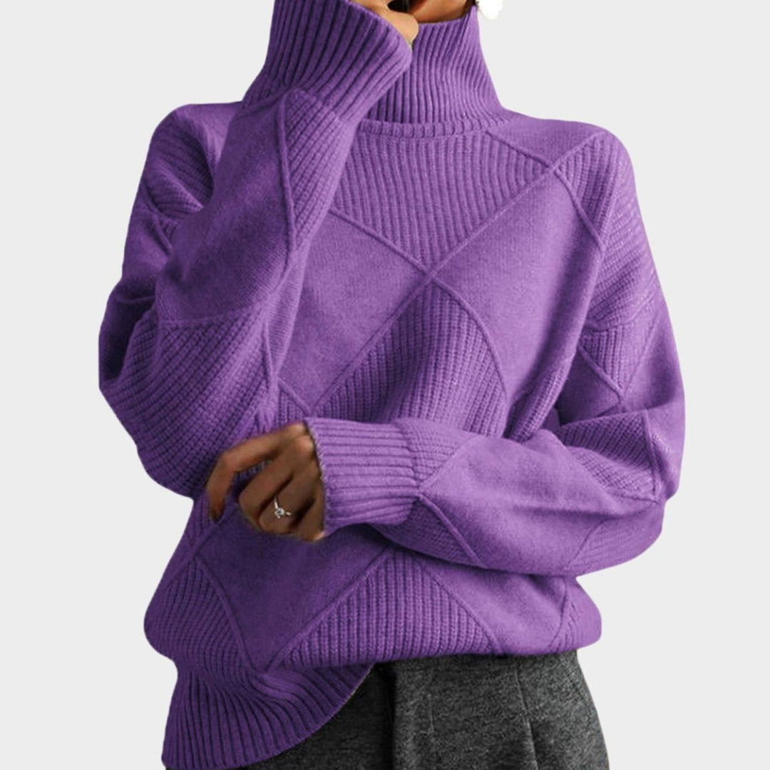 Women's Geometric Knit Turtleneck Sweater Relaxed Pullover - Violet