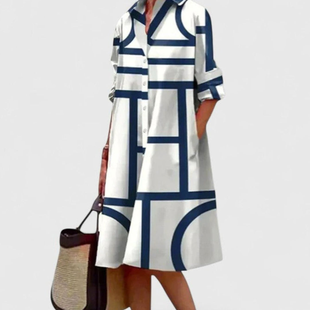 Women's Geometric Print Button-Down Midi Shirt Dress - White / Blue