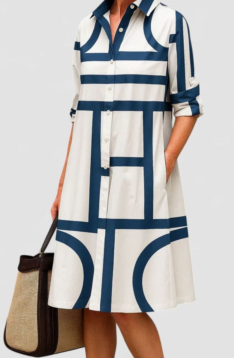 Women's Geometric Print Button-Front Shirt Midi Dress - White