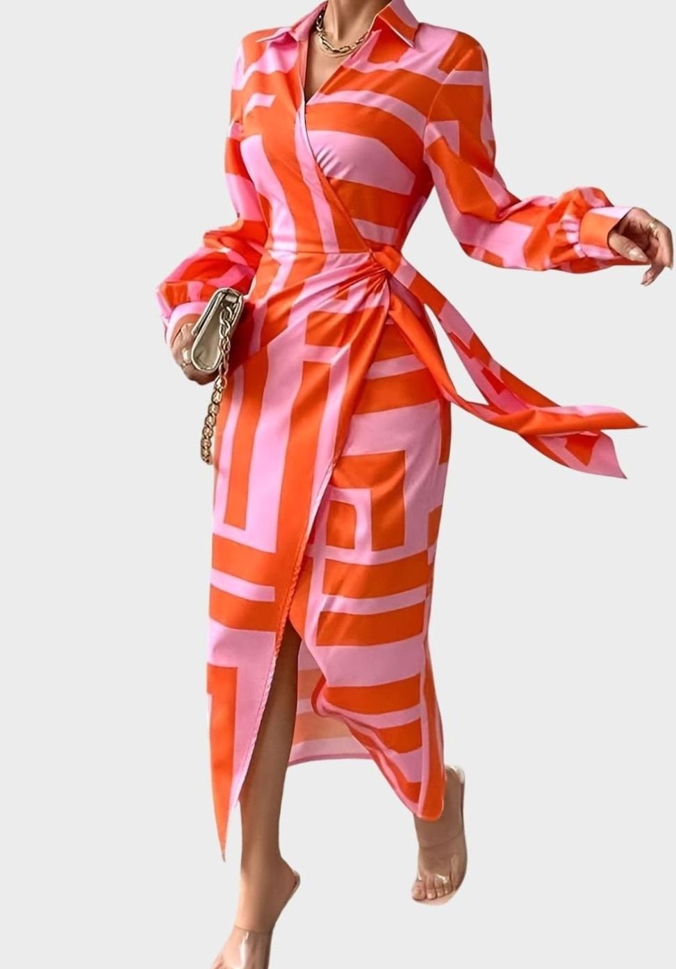 Women's Geometric Print Collared Long-Sleeve Wrap Dress