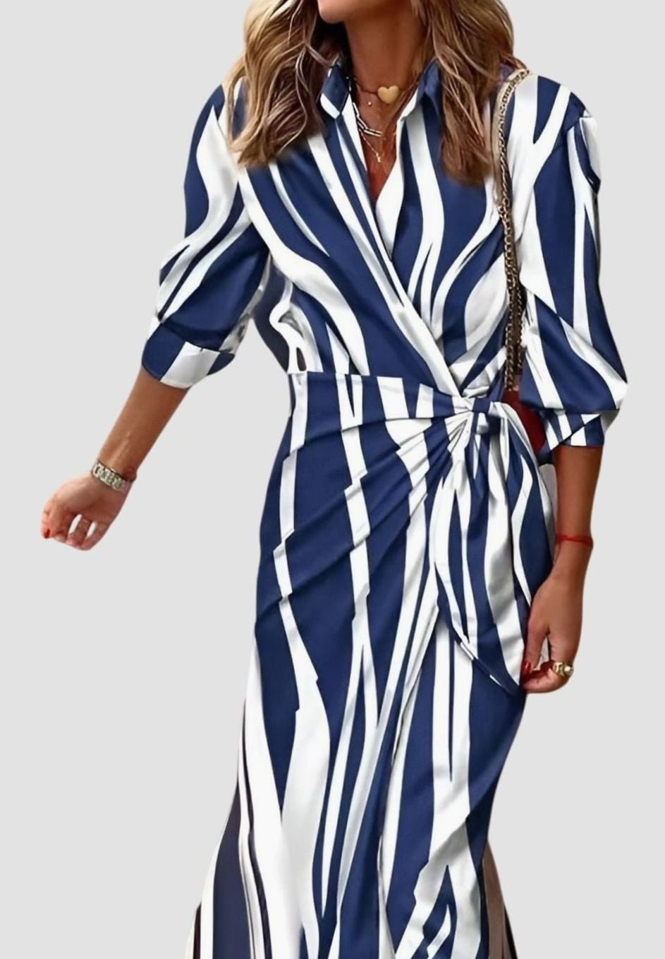 Women's Geometric Print Collared Long-Sleeve Wrap Dress