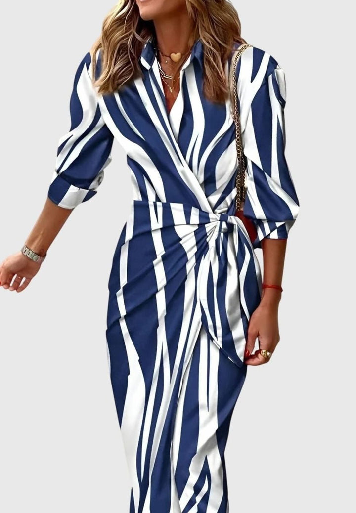 Women's Geometric Print Collared Long-Sleeve Wrap Dress - Blue