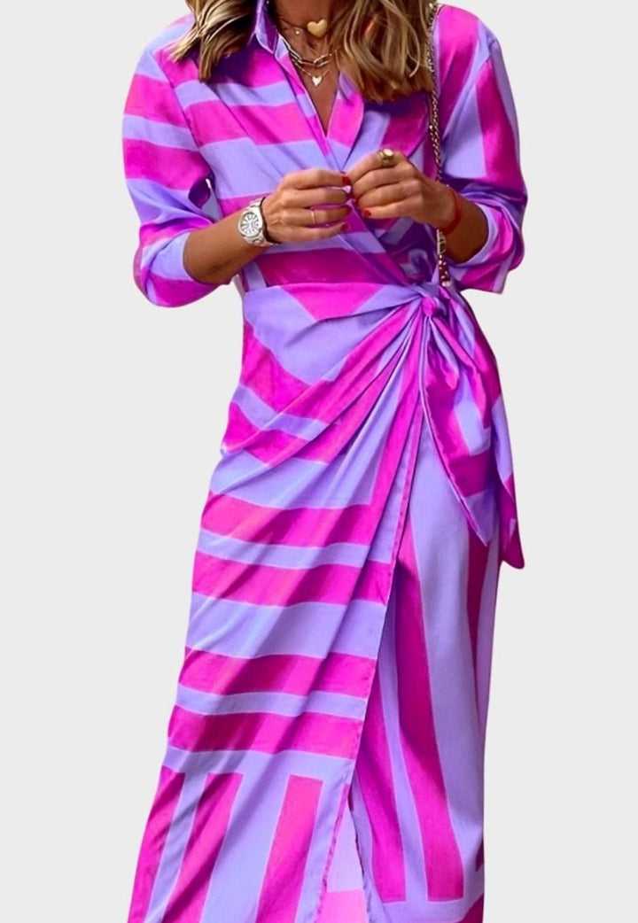 Women's Geometric Print Collared Long-Sleeve Wrap Dress - Purple