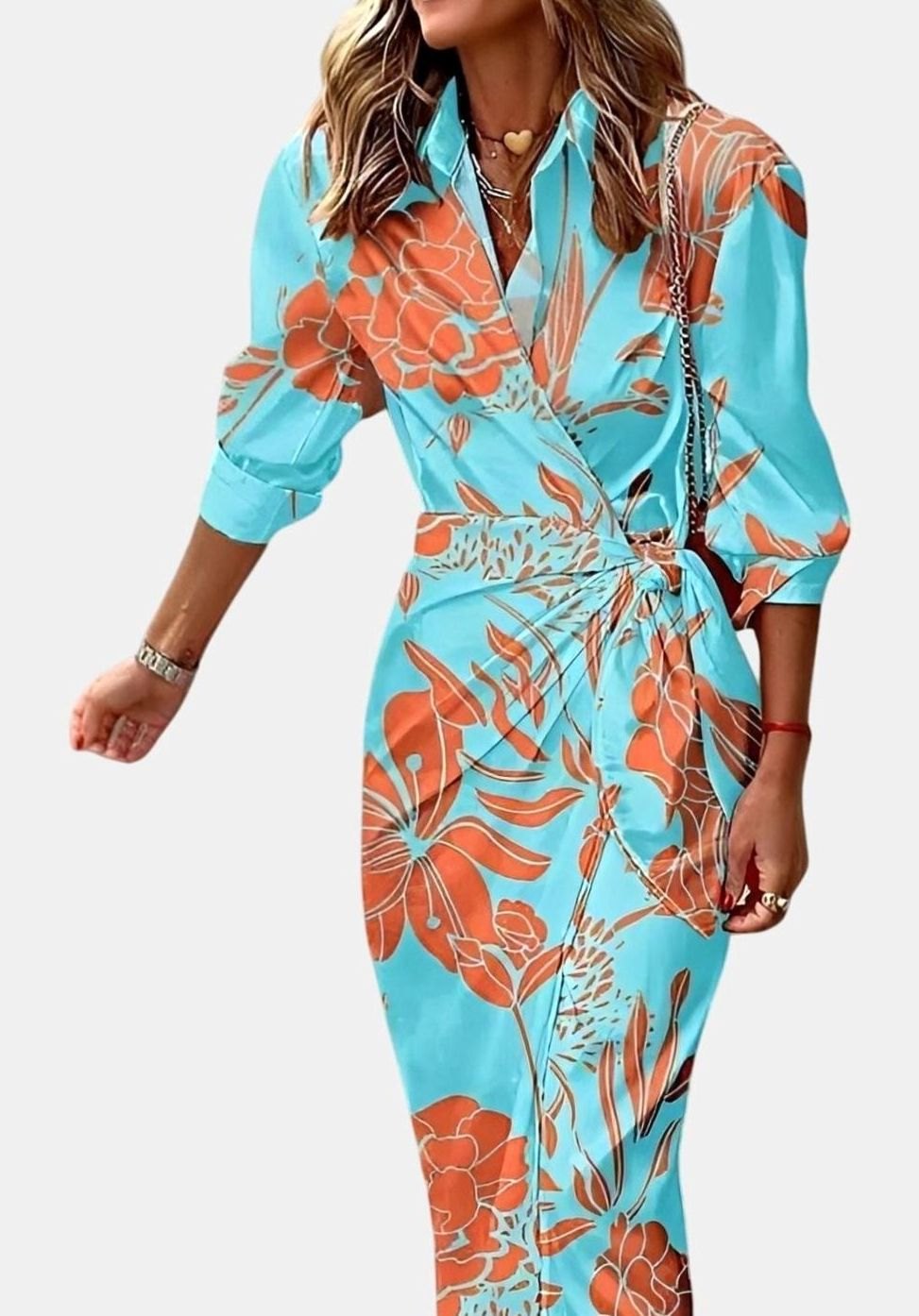 Women's Geometric Print Collared Long-Sleeve Wrap Dress - Turquoise