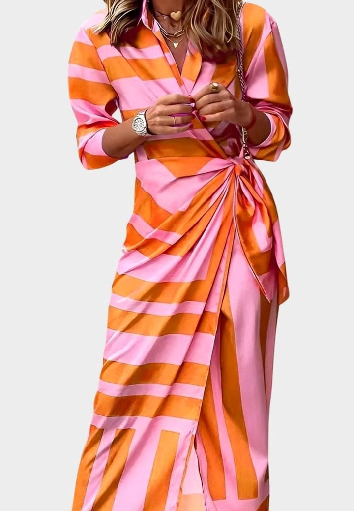 Women's Geometric Print Collared Long-Sleeve Wrap Dress