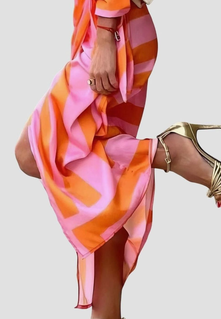 Women's Geometric Print Collared Long-Sleeve Wrap Dress