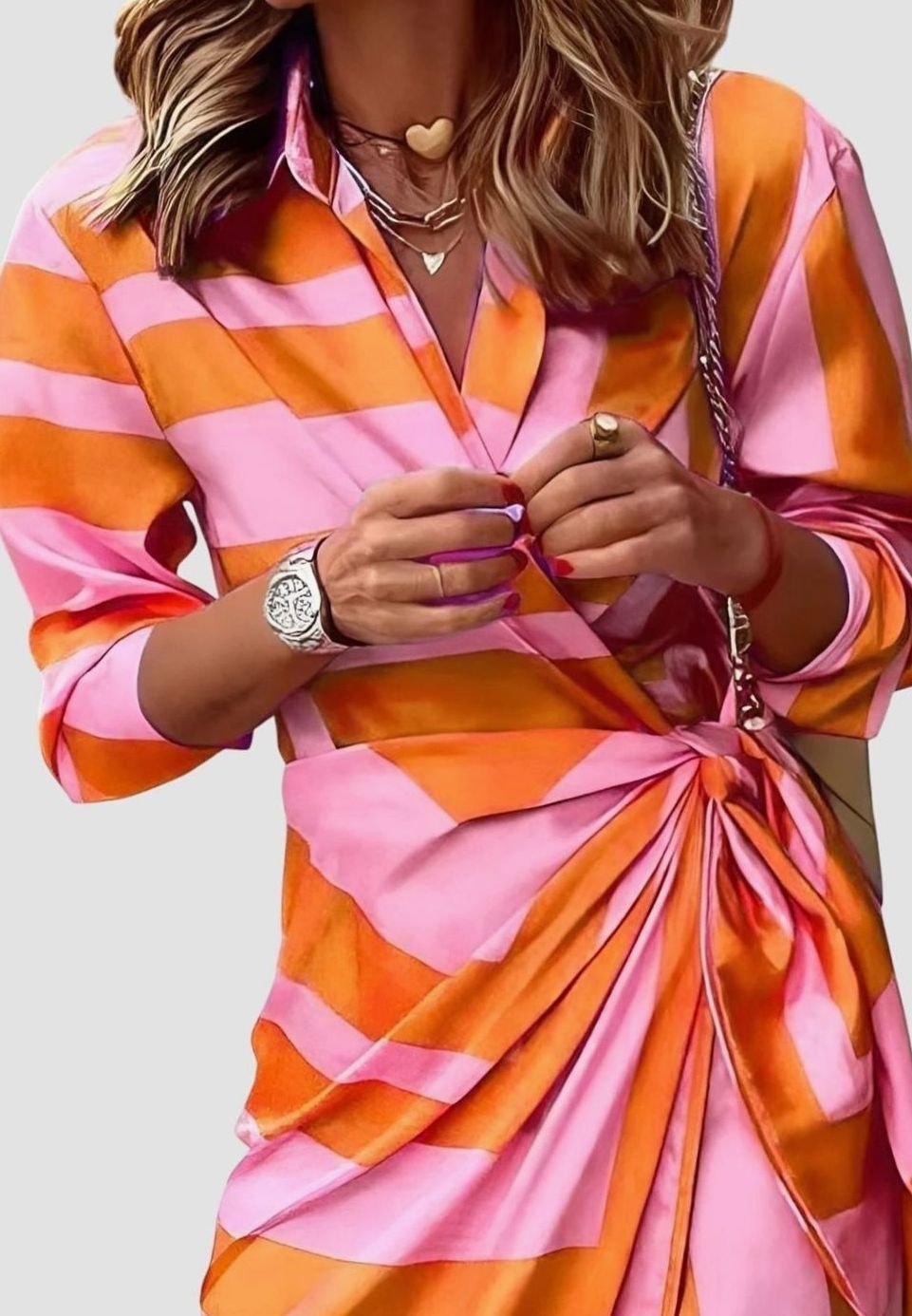 Women's Geometric Print Collared Long-Sleeve Wrap Dress