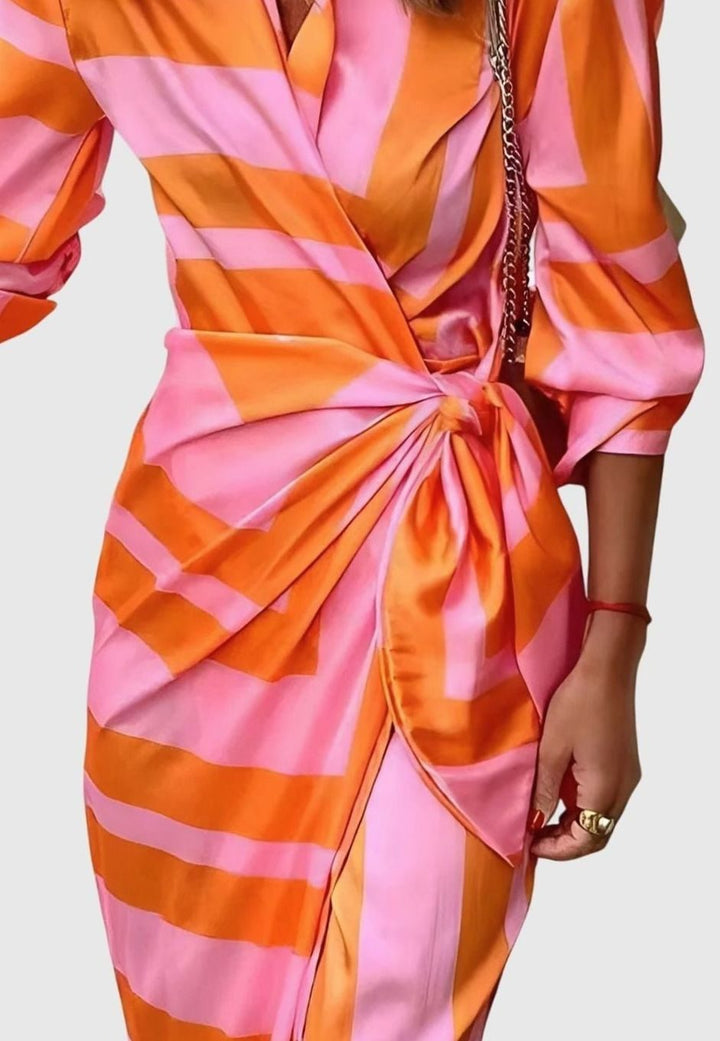 Women's Geometric Print Collared Long-Sleeve Wrap Dress