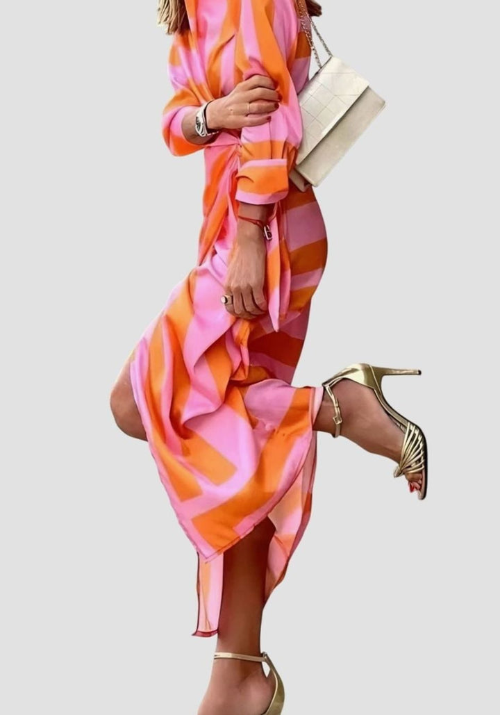 Women's Geometric Print Collared Long-Sleeve Wrap Dress