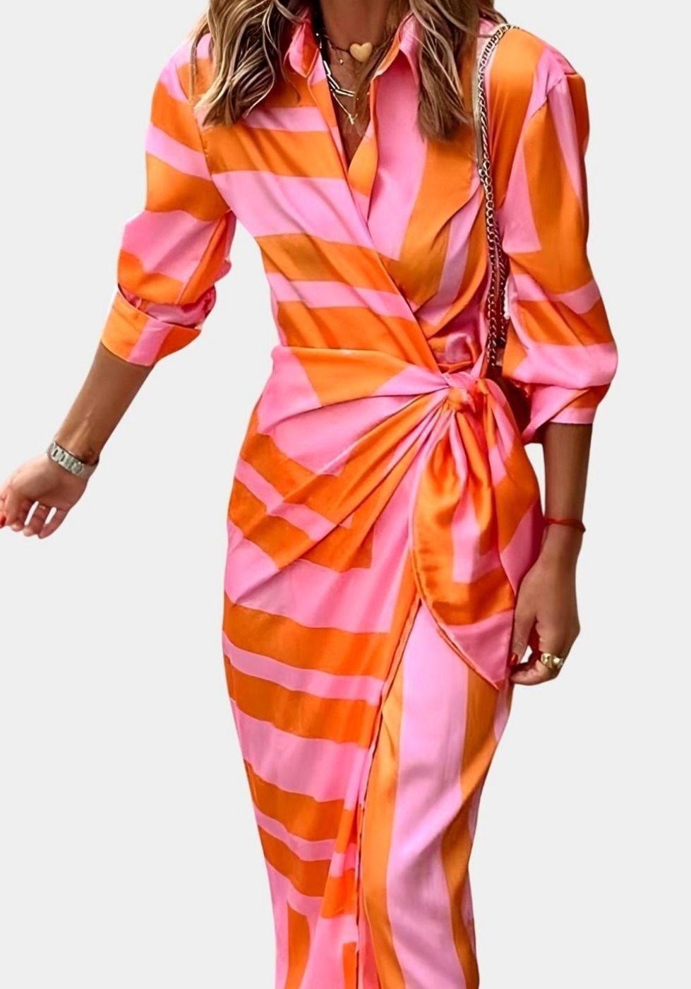 Women's Geometric Print Collared Long-Sleeve Wrap Dress - Orange