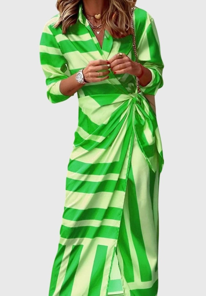Women's Geometric Print Collared Long-Sleeve Wrap Dress - Green