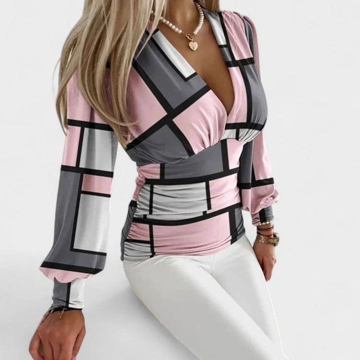 Women's Geometric Print Deep V-Neck Long-Sleeve Wrap Top - Gray with Pink