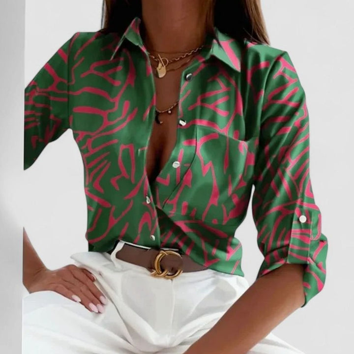 Women's Geometric Print Long Sleeve Blouse Lapel Button-Down Shirt - Green