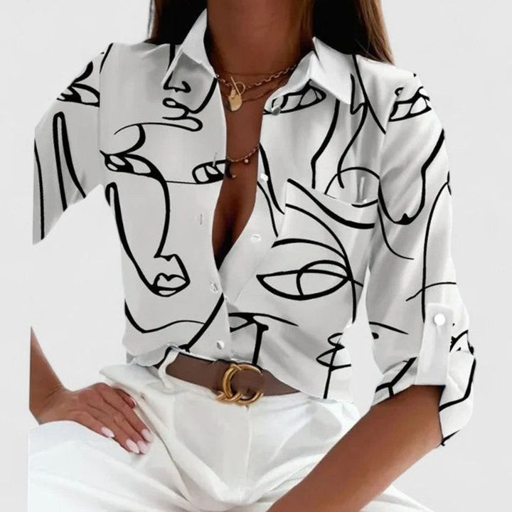 Women's Geometric Print Long Sleeve Blouse Lapel Button-Down Shirt - White